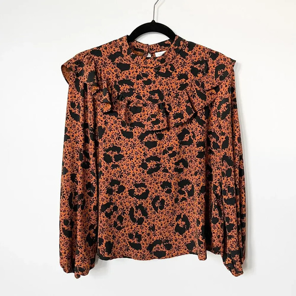 NWT Topshop Rust Brown Black Ruffle Long Sleeve Blouse Top Fall Career Office - Picture 2 of 12